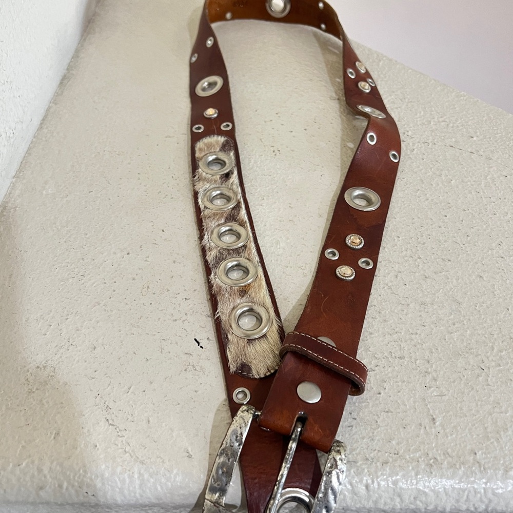 Unisex Leather studded cowhide western cowboy brown belt medium festival - Picture 9 of 16